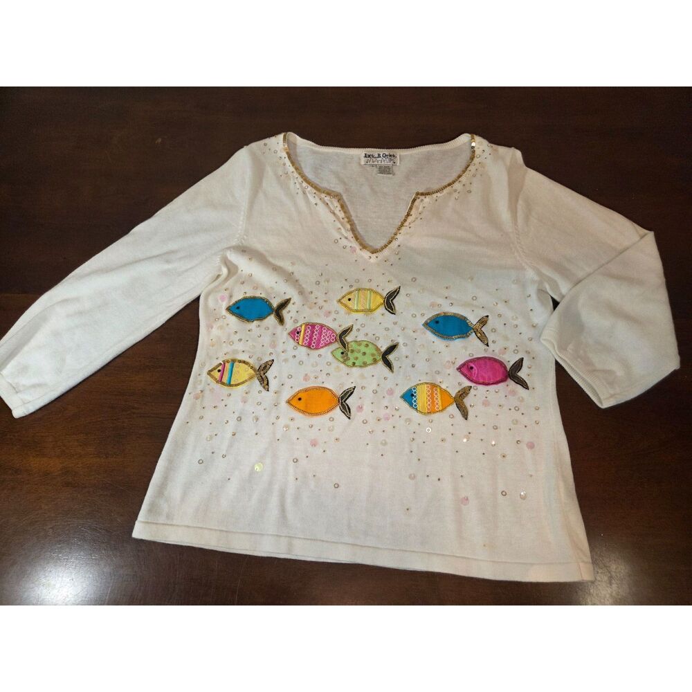 Jack B Quick Vintage Sweater Large White Fish Sequin Beaded Ramie Cotton Knit